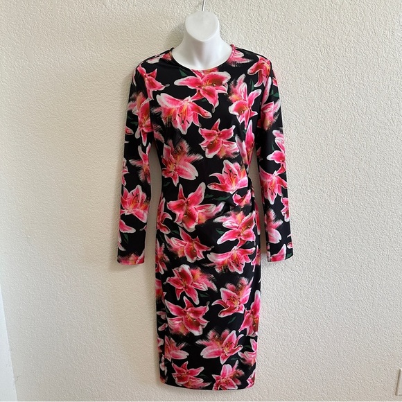Jonathan Cohen Women’s Black Pink Floral Hibiscus Bodycon Long Sleeve Midi Dress - Picture 6 of 11